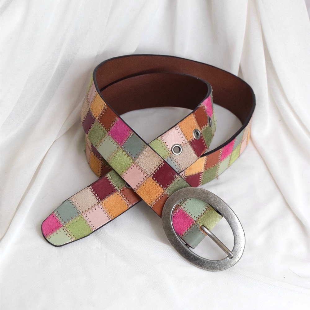 Multicolor Patchwork Leather Belt with Silver Buckle